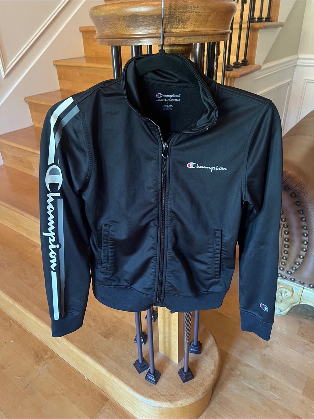 Champion Black Kids' Puffer Jacket with White Sleeve Stripe
